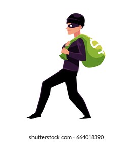 Thief, robber, burglar trying to escape with a money bag, cartoon vector illustration isolated on white background. Full length portrait of burglar, thief, robber in black disguise stealing money bag