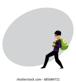 Thief, robber, burglar trying to escape with a money bag, cartoon vector illustration with space for text. Full length portrait of burglar, thief, robber in black disguise stealing money bag