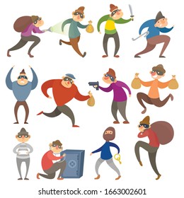 Thief, robber characters set vector illustrations. Cartoon comic criminal male burglar in mask, thief man commit robbery in different poses, dangerous sneaking people, thieve actions flat isolated set