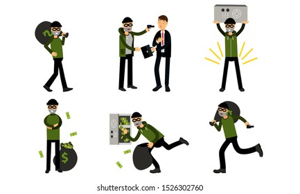 A thief is robbing a businessman with a briefcase. Vector Illustration Set Of Cartoon Burglar Character Isolated On White Background