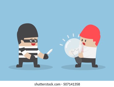 Thief robbing idea bulb from businessman. steal Ideas concept