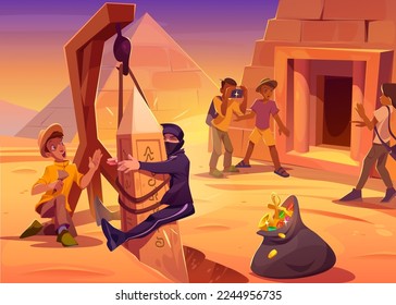 Thief run from pyramid and crash into ancient obelisk. Egyptian desert landscape with pharaoh tomb, tourists, archaeologist and character with stolen jewelry, vector cartoon illustration