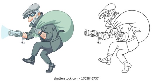 Thief Running With A Bag, Criminal Housebreaker. Coloring Page And Colorful Clipart Character. Cartoon Design For T Shirt Print, Icon, Logo, Label, Patch Or Sticker. Vector Illustration.