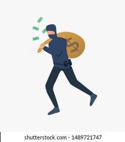 Thief Running With Bag Of Money. Car Burglary, Thieves, Criminals Wearing Black Clothes. Crime Concept. Vector Illustration For Webpage, Landing Page