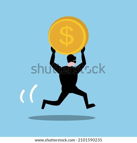 Thief running with big coin; stealing money concept