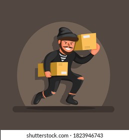 Thief Running Carrying Box Package In Spotlight, Online Shop Package Theft Prevention Symbol Character Concept In Cartoon Illustration Vector