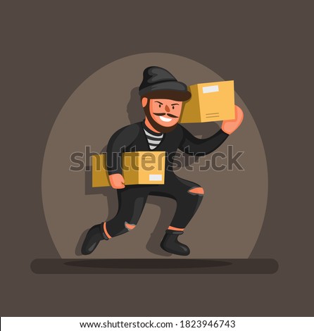 Thief running carrying box package in spotlight, online shop package theft prevention symbol character concept in cartoon illustration vector