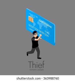 Thief Running With Credit Card Isometric People Vector Illustration