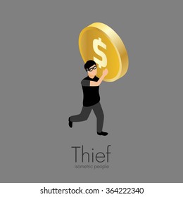 Thief Running With Gold Coin Isometric People Vector Illustration