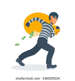 Thief running with a holey bag of dollars at the shoulder, looking back. The criminal in a mask, a cap, a striped sweater. Mugger escape. Vector cartoon flat style isolated illustration.