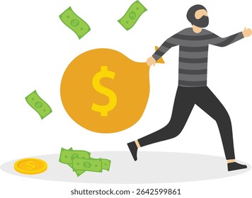 A thief running with a holey bag of money at his shoulder, looking back. The criminal person is in a mask, a cap, a striped sweater. A mugger escape. stock illustration

