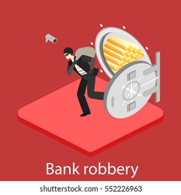 thief running out of a bank vaul. Isometric flat 3D isolated concept vector