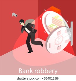 Thief Running Out Of A Bank Vaul. Isometric Flat 3D Isolated Concept Vector