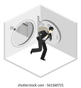 Thief Running Out Of A Bank Vaul. Isometric Flat 3D Isolated Concept Vector