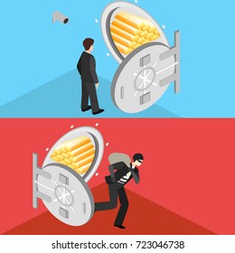 thief running out of a bank vaul. Isometric flat 3D isolated concept vector