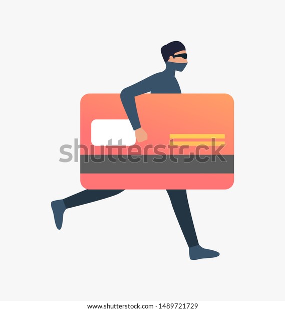 Thief running with plastic card. Car\
burglary, thieves, criminals wearing black clothes. Crime concept.\
Vector illustration for webpage, landing\
page