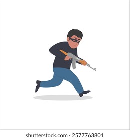 Thief Running with rifle weapon. Flat Style Luko Criminal Holding ak47. vector illustration