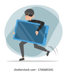 Thief running with a stolen mobile phone vector isolated. Male criminal in black clothes and mask is happy. Idea of security and data safety in danger.