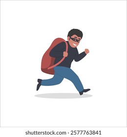 Thief Running with Stolen Money Bag. Flat Style Luko Criminal Holding Money Bag. Bank Robbery Scene illusstration