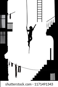 the thief runs away with ladder, stuntmen  silhouette in the city, black and white memories, vector