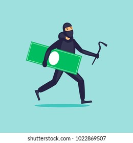 Thief runs with money. Flat design vector illustration.