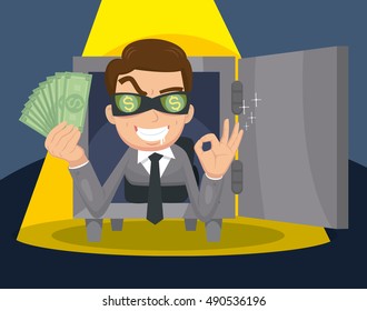 Thief in safe business concept, vector illustration cartoon