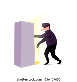 Thief and safe, golden money, coins, light, vector illustration isolated on white background