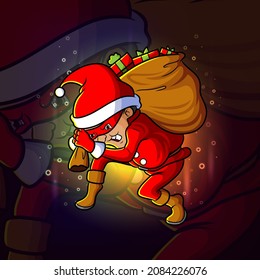 The thief santa is stealing a sack of gift esport mascot design of illustration
