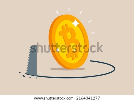 Thief sawing the floor to make bitcoin collapse falling down. Cryptocurrency market drop, bitcoin collapse and crypto coin price crisis.