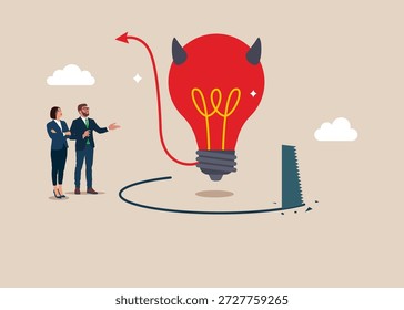 Ladrón serruchando el suelo para hacer que la bombilla del diablo se derrumbara al caer. Préstame la metáfora de la trampa. Las malas ideas causan problemas y fracasos. Ilustración vectorial plana.