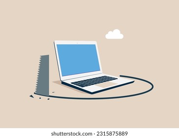 Thief sawing the floor to make digital technology collapse falling down. Market drop, technology collapse and price crisis. Flat vector illustration
