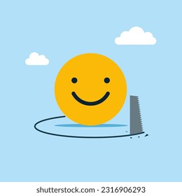Thief sawing the floor to make emoji sign collapse falling down. Market drop, technology collapse and price crisis. Good review for product, rating to product. Flat vector illustration.
