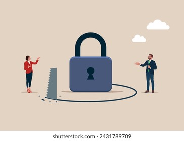 Thief sawing the floor to make lock collapse falling down. Hacking and Cyber Crime. Cyber security and phishing concept. Modern vector illustration in flat style