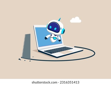 Thief sawing the floor to make robot with artificial intelligence.  collapse falling down. Market drop, technology collapse and price crisis. Bad review for product, rating to product. 