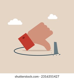 Thief sawing the floor to make the thumb up collapse falling down. Hard work for good feedback. Stress and failure. Flat vector illustration.