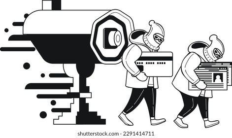 Dieb- und Sicherheitskamera-Illustration im Doodtil einzeln auf Hintergrund