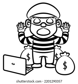 A Thief shocked while stolen a bag of money and laptop, and put hands up in the air because get busted by officer, best for sticker, mascot, and coloring book with cyber crime themes