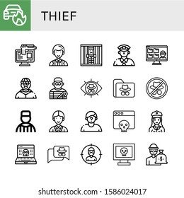 thief simple icons set. Contains such icons as Car on fire, Online robbery, Officer, Jail, Cop, Thief, Burglar, Hacker, Prisoner, Suspect, can be used for web, mobile and logo