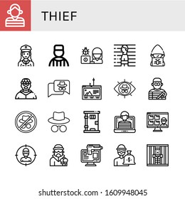 thief simple icons set. Contains such icons as Prisoner, Police officer, Hacker, Burglar, Phishing, Prison, Thief, Criminal, Online robbery, can be used for web, mobile and logo