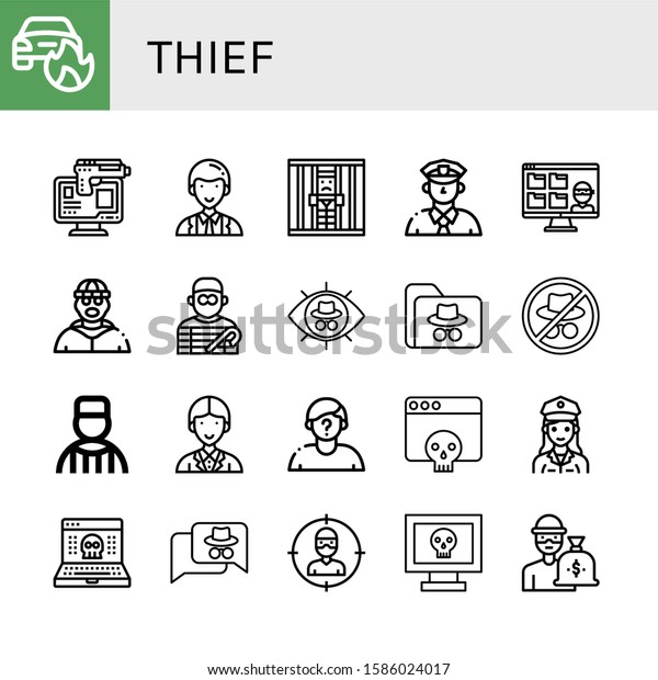 thief\
simple icons set. Contains such icons as Car on fire, Online\
robbery, Officer, Jail, Cop, Thief, Burglar, Hacker, Prisoner,\
Suspect, can be used for web, mobile and\
logo