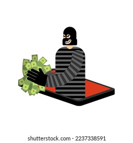 Ladrón en smartphone. estafador en gadget. Ilustración del vector