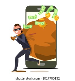Thief And Smartphone Vector. Bandit With Bag. Insurance Concept. Burglar, Robber In Mask. Crack User Personal Information. Fishing Attack To Smartphone. Isolated Flat Cartoon Illustration

