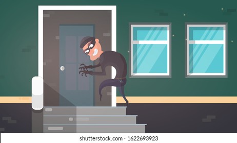 The thief is sneaking into the house. The robber is trying to crack the door. Security concept. Vector illustration.