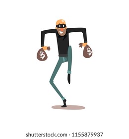 Thief sneaking with money bags, robber cartoon character committing crime vector Illustration on a white background