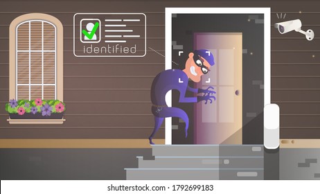 A thief sneaks into the house. The robber is trying to crack the door. Sign of a robbery. A surveillance camera recorded a thief. Security concept. Vector illustration