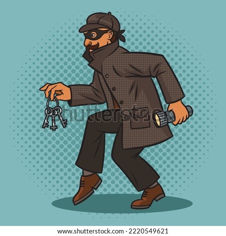 Thief sneaks at night with keys and a flashlight pinup pop art retro vector illustration. Comic book style imitation.