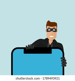 A thief sneaks up on the phone, wants to hack into it. Get personal information out of the phone. The thief hacks into the phone. Modern vector illustration in flat style.