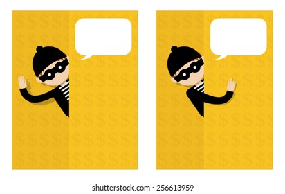 Thief standing behind the wall with dollar sign.