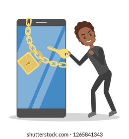 Thief steal digital data. Cyber crime and hacking concept. Data privacy in danger. Isolated vector illustration in cartoon style