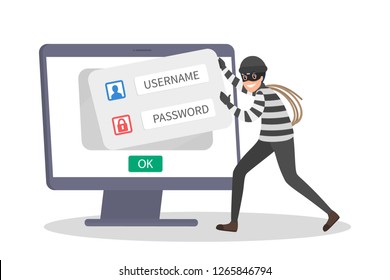 Thief steal digital data. Cyber crime and hacking concept. Data privacy in danger. Isolated vector illustration in cartoon style